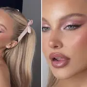 Una mujer posando con un maquillaje suave en tonos rosas