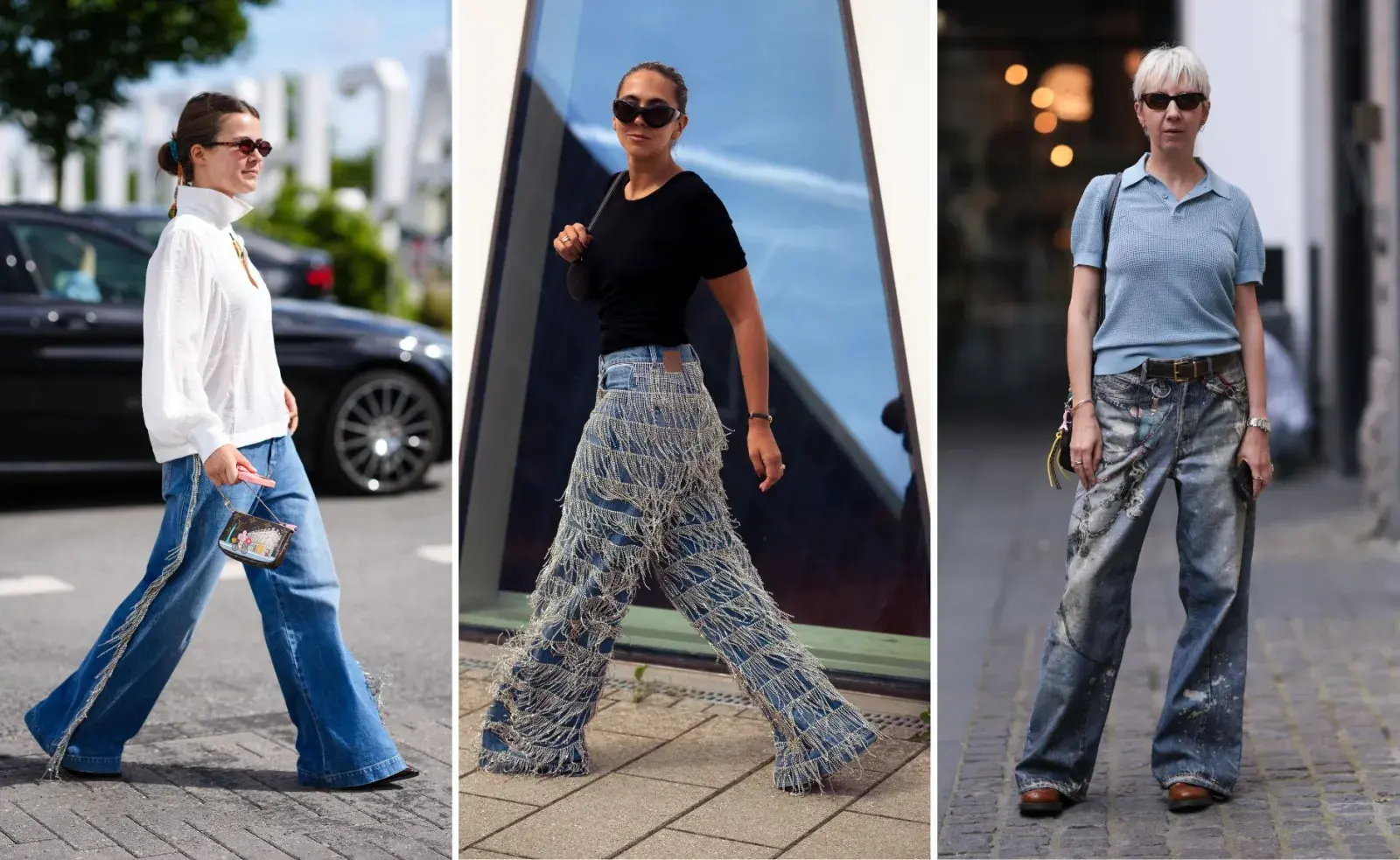 Tres mujeres usando jeans con apliques