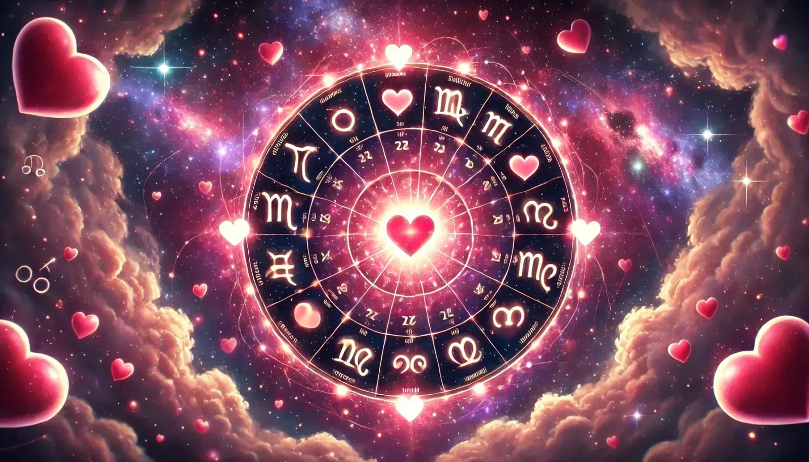La rueda zodiacal, con los símbolos de los 12 signos astrales, rodeada de corazones.