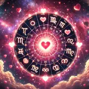 La rueda zodiacal, con los símbolos de los 12 signos astrales, rodeada de corazones.