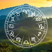 La rueda zodiacal, con los símbolos de los 12 signos astrales y paisaje montañoso detrás.
