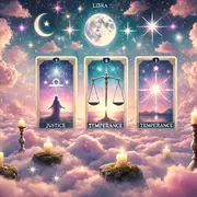 3 cartas de tarot sobre un fondo de cielo.