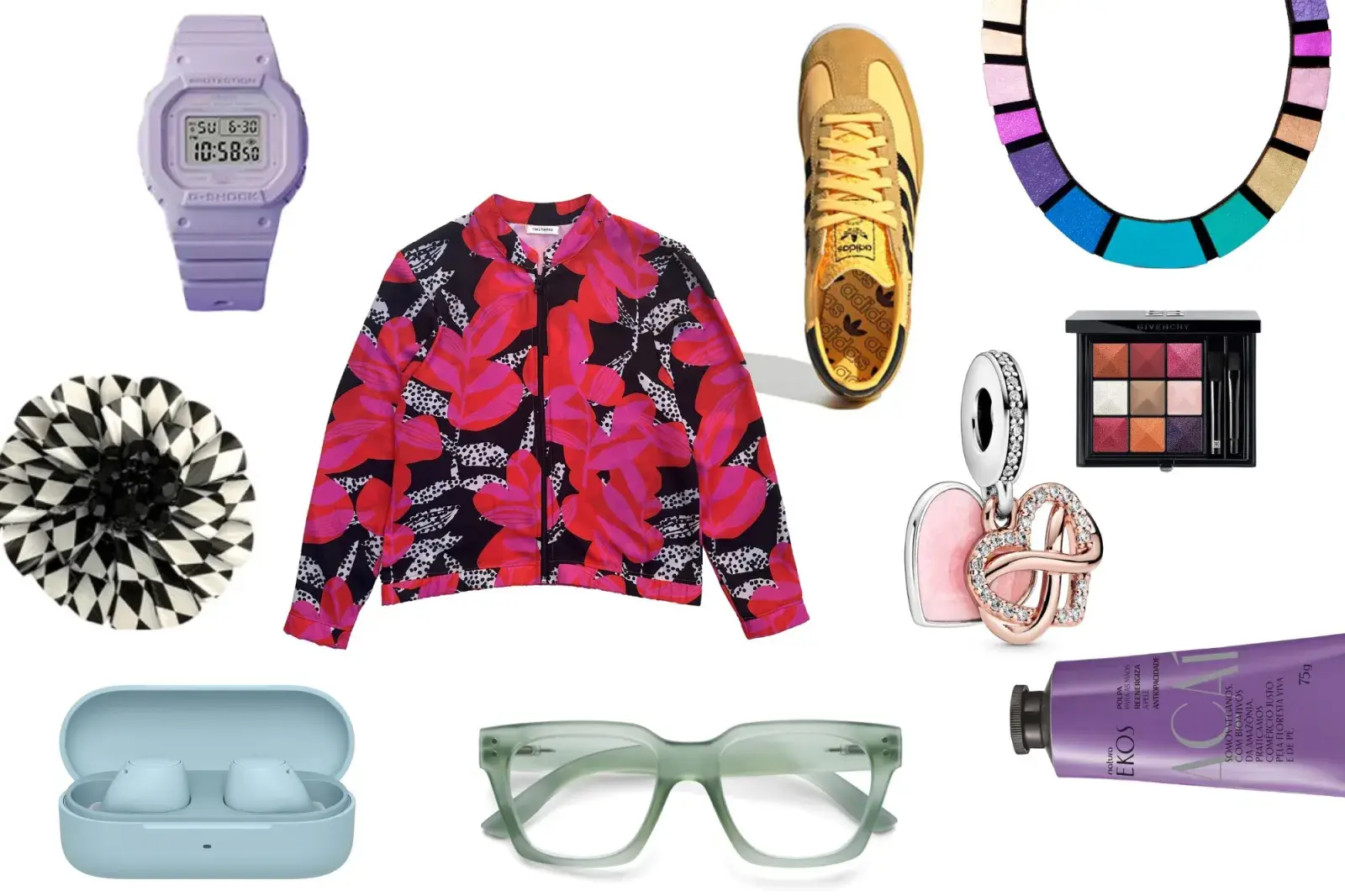 Collage de regalos: un reloj, zapatillas, anteojos, campera y cremas.