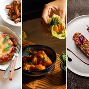 Tres platos de distintos restarantes: una milanesa napolitana, un pollo con salsa y un tartare de carne.