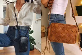 Dos fotos de modelos mujeres usando carteras trenzadas.