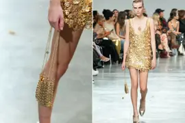 Dos fotos de la cartera de oro de Paco Rabanne en Paris Fashion Week.