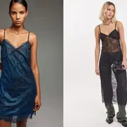 Dos fotos de dos modelos mujeres usando un vestido con encaje.