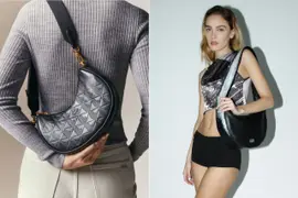 Dos fotos de modelos mujeres usando bolsos bananas.