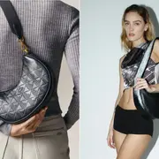 Dos fotos de modelos mujeres usando bolsos bananas.