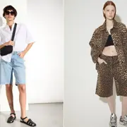 Dos fotos de modelos mujeres usando bermudas.