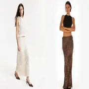 Dos fotos de dos modelos mujeres usando faldas largas.