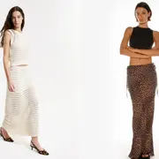 Dos fotos de dos modelos mujeres usando faldas largas.