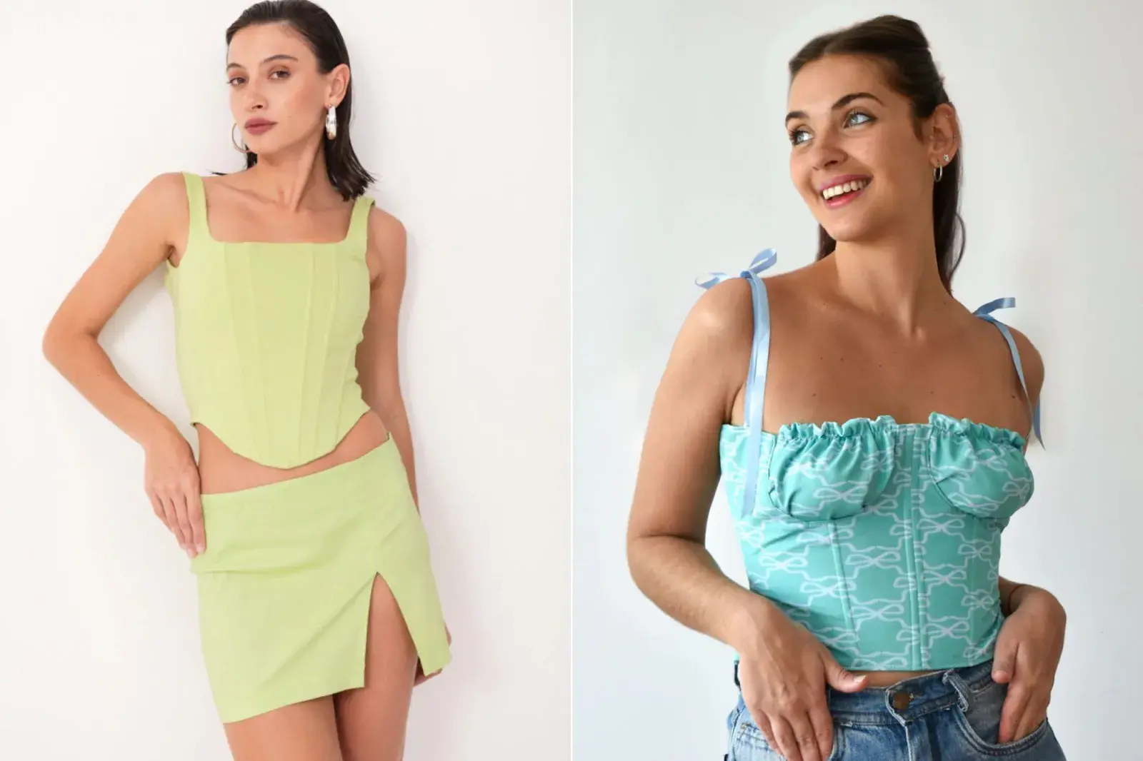 Dos fotos de dos modelos mujeres usando corsets.