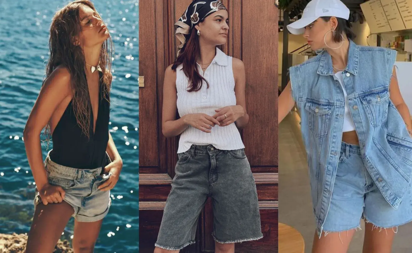 Tres mujeres usando bermudas de jean