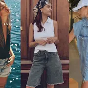 Tres mujeres usando bermudas de jean