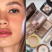 Una foto de una mujer maquillada y una foto de un kit de maquillaje.