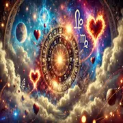 La rueda zodiacal, con los símbolos de los 12 signos astrales, sobre un fondo de nubes y planetas.