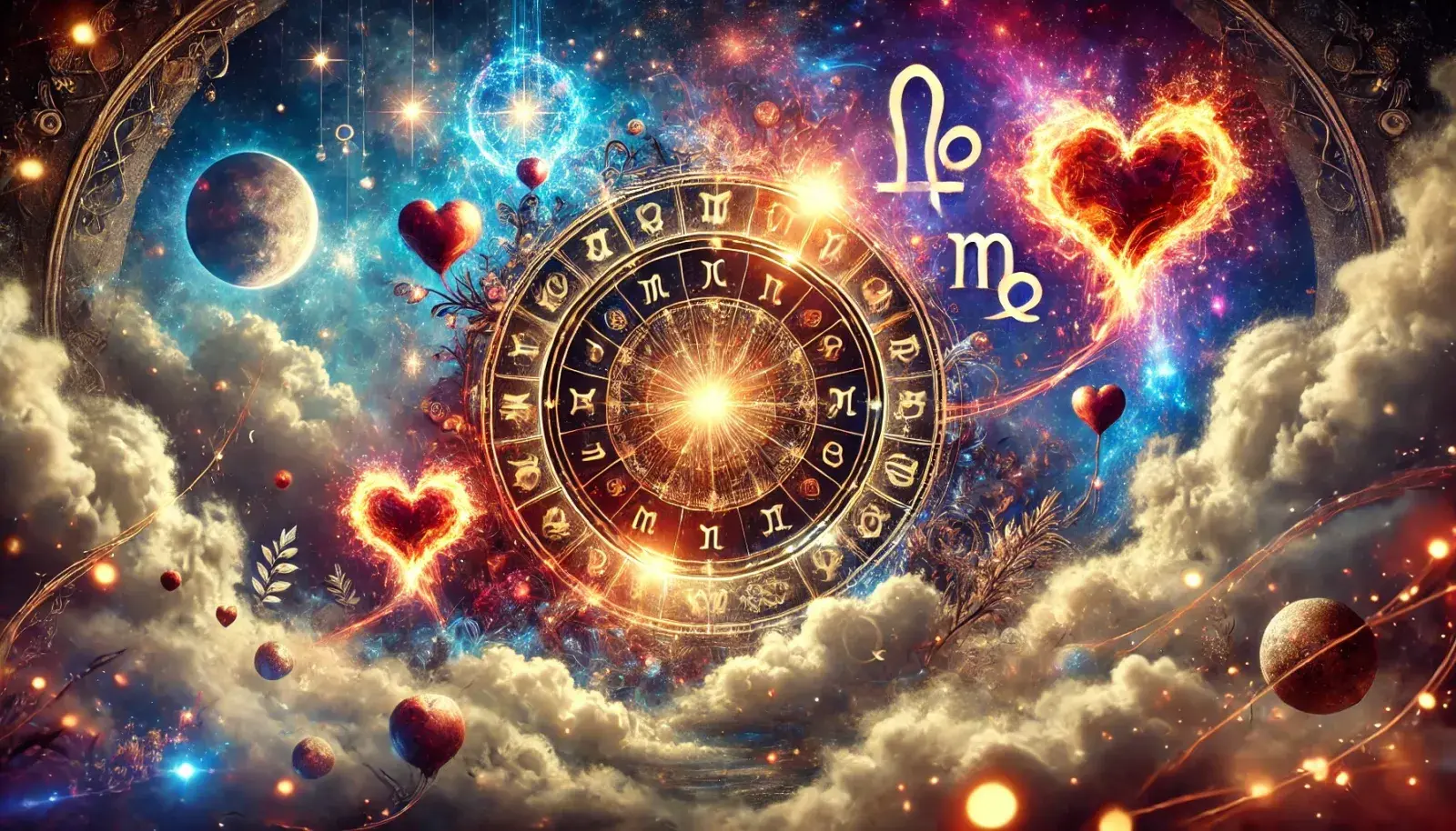 La rueda zodiacal, con los símbolos de los 12 signos astrales, sobre un fondo de nubes y planetas.