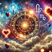 La rueda zodiacal, con los símbolos de los 12 signos astrales, sobre un fondo de nubes y planetas.