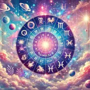 La rueda zodiacal, con los símbolos de los 12 signos astrales, sobre un fondo de nubes y planetas.