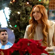 Armado con foto de Lindsay Lohan y Lionel Messi.