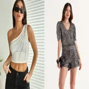 Dos modelos mujeres usando ropa de fiesta de Avellaneda.