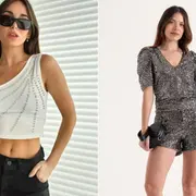 Dos modelos mujeres usando ropa de fiesta de Avellaneda.