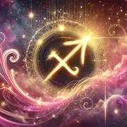 Un símbolo de sagitario en una marea de nubes galácticas rosas y violetas