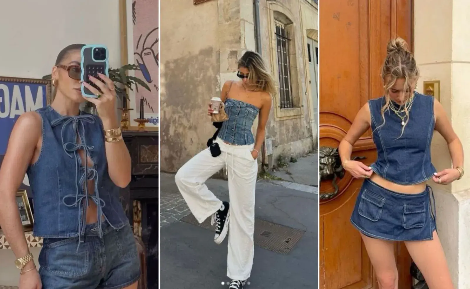 tres mujeres usando tops de denim