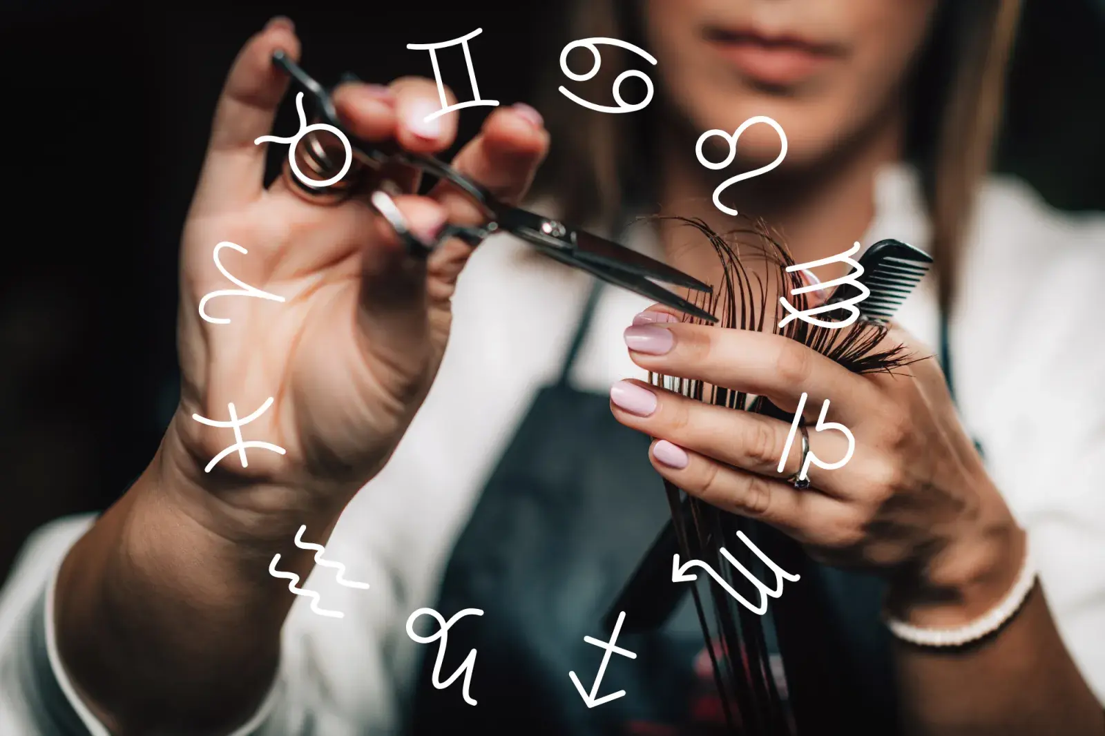 Unas manos con unas tijeras cortando un mechón de pelo, y la rueda zodiacal encima.