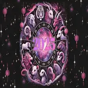 ilustraciones varias de los distintos animales del horóscopo chino con un 2025 en el centro