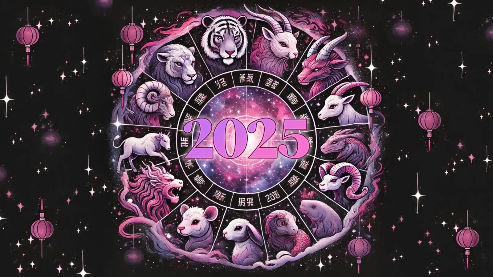 ilustraciones varias de los distintos animales del horóscopo chino con un 2025 en el centro