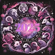ilustraciones varias de los distintos animales del horóscopo chino con un 2025 en el centro