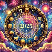 La rueda zodiacal con los 12 signos y un 2025 dorado en el centro