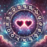 La rueda zodiacal, con los símbolos de los 12 signos astrales y corazones en el centro.