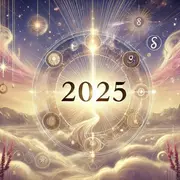 El número 2025 rodeado de una rueda de símbolos numerológicos y un fondo de nubes.