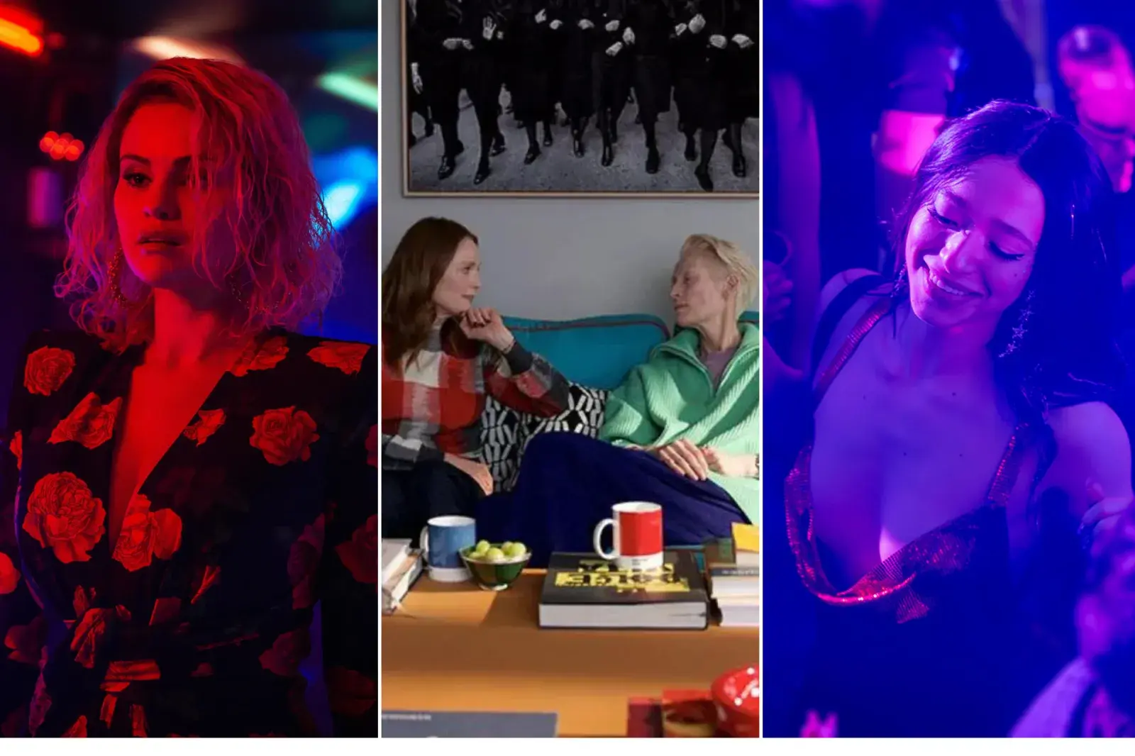 3 fotosgramas de distintas películas: Emilia Pérez, La Habitación de al lado y Anora.