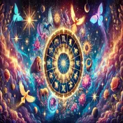 La rueda zodiacal, con los símbolos de los 12 signos astrales sobre un fondo con planetas, animales y flores.