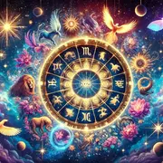 La rueda zodiacal, con los símbolos de los 12 signos astrales sobre un fondo con planetas, animales y flores.