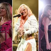 Foto de Sabrina Carpenter, Karol G y Taylor Swift.