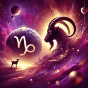 Imagen galáctica con una ilustración de una cabra iluminada sobre el espacio mirando hacia el símbolo de capricornio para la temporada 2025