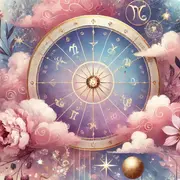 La rueda zodiacal, con los símbolos de los 12 signos astrales, rodeada de flores y planetas.