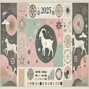 ilustraciones para el horóscopo chino del año 2025 con formas circulares y cuadradas de color rosa y celeste. En el centro y en los extramos izquierdo y derecho una cabra blanca con estrellas de fondo