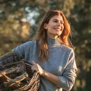 Juliana Awada lleva un sueter gris y un canasto con troncos de madera en el campo