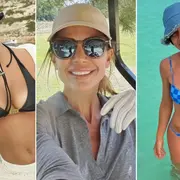Emilia, Juliana Awada y Laurita Fernandez posando con gorros en sus vacaciones