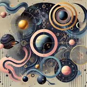 Ilustraciòn de diversos planetas constelaciones y esferas