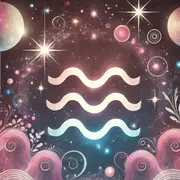 Símbolo de Acuario, rodeado de planetas.