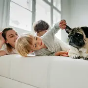 familia juega con perro