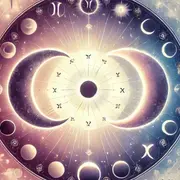 La rueda zodiacal, con los símbolos de los 12 signos astrales y dos lunas en el centro.