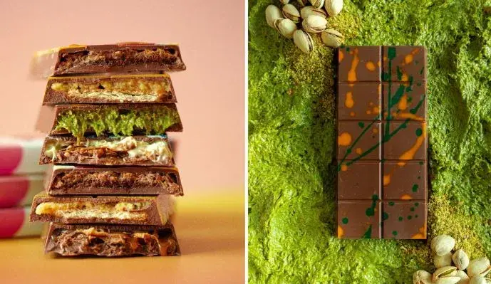 Recubierta de chocolate con leche y rellena de una mezcla de crema de pistacho y kataifi